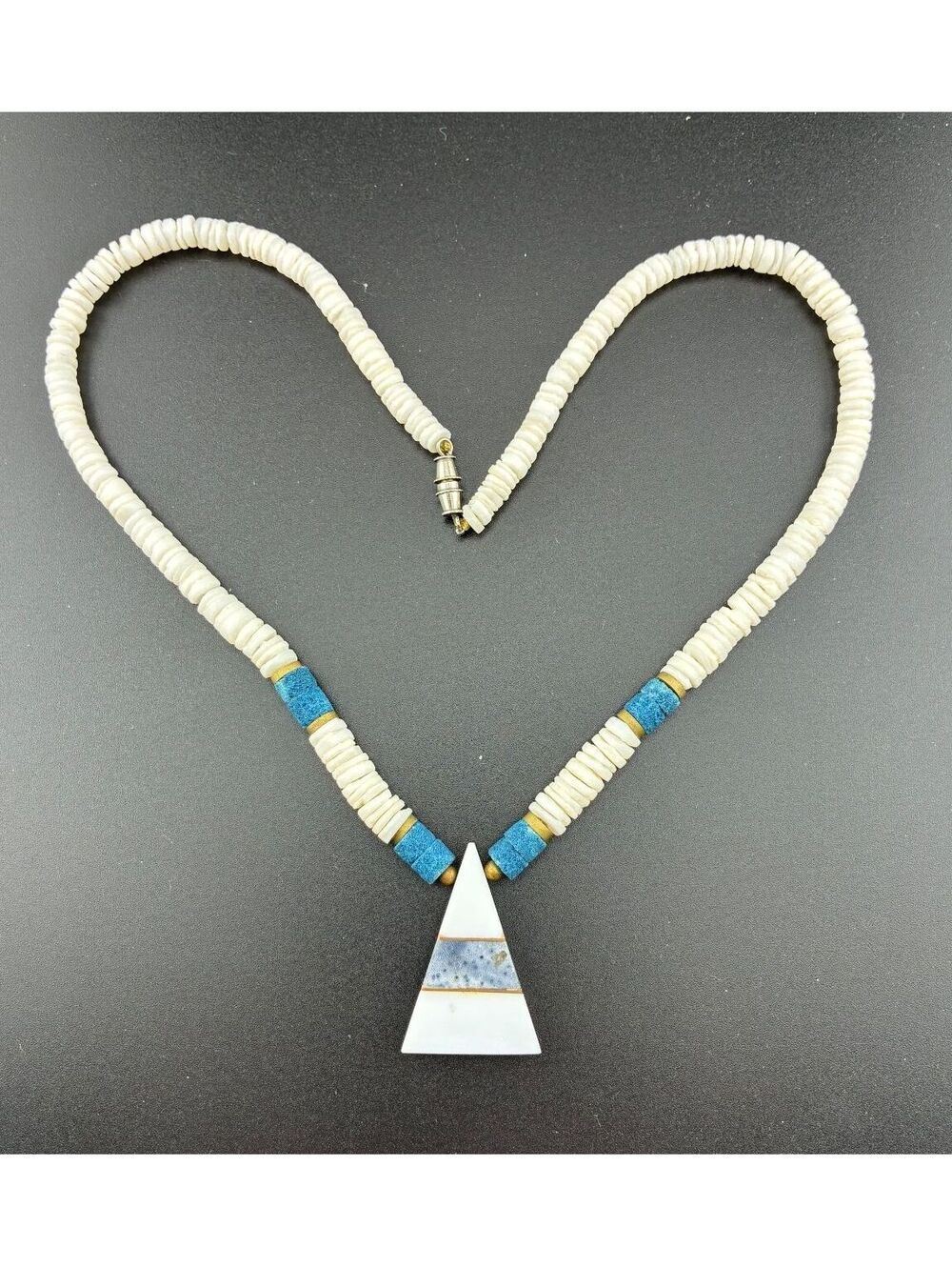 Vintage Santa Domingo style Triangular Inlay Pendant Heishi Necklace Blue Cream